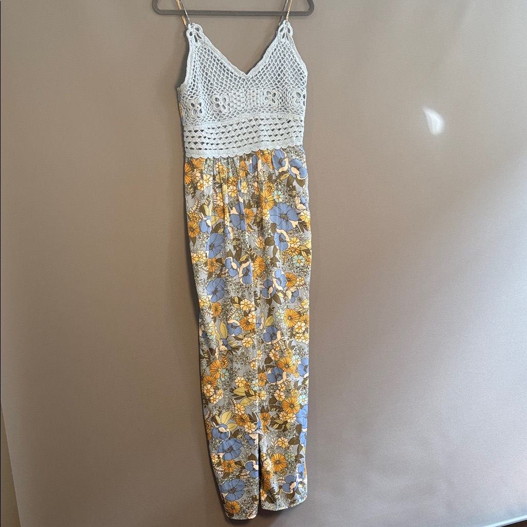 Bog Collective Crochet-Top Floral Jumpsuit In Blue And Yellow